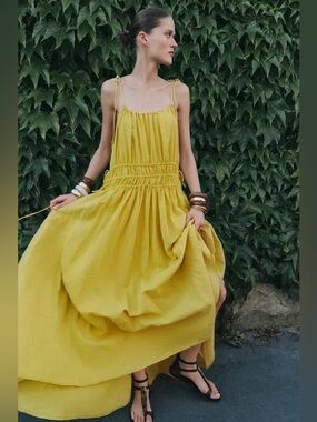 ZARA Mustard Yellow Linen Blend Side & Shoulder Tie Maxi Dress. Coastal Boho
